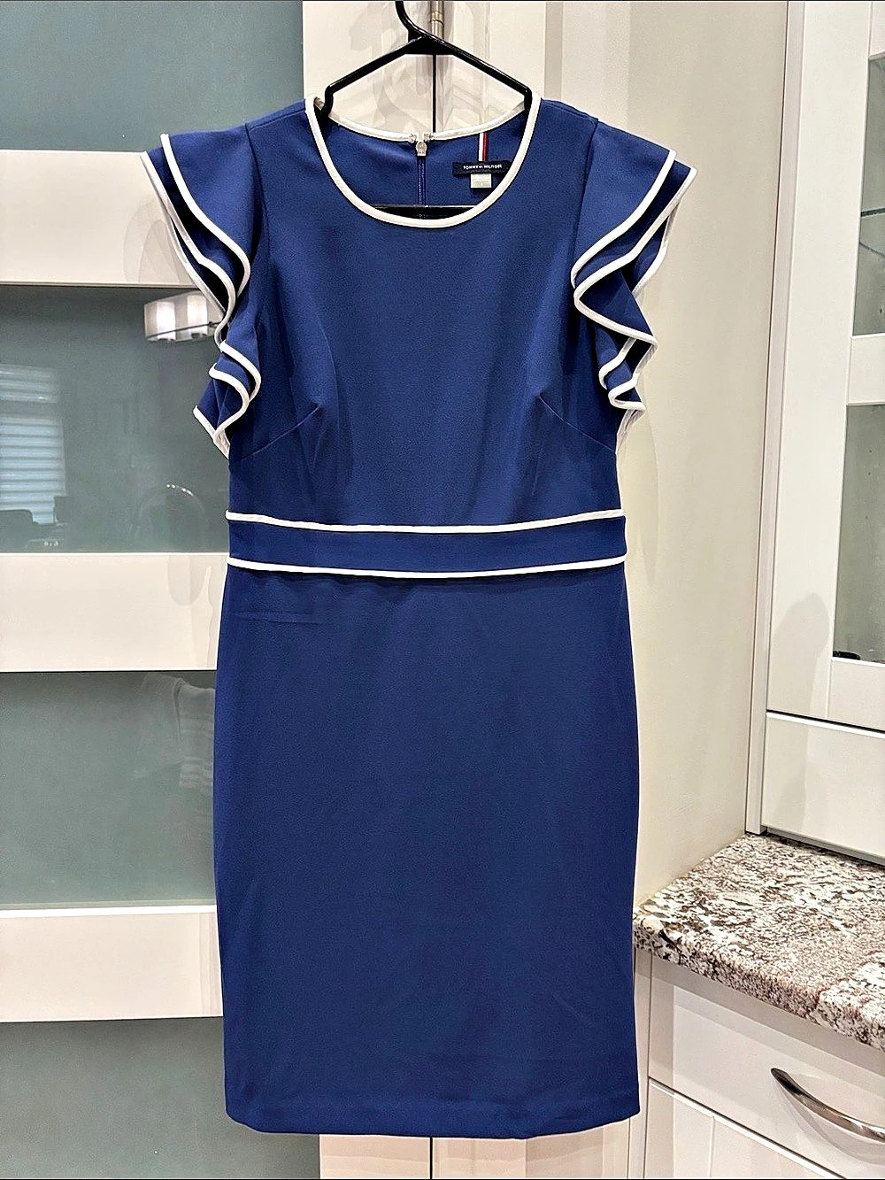 Tommy Hilfiger Blue & White Ruffle Sleeve Midi Dress Size 6 Like New